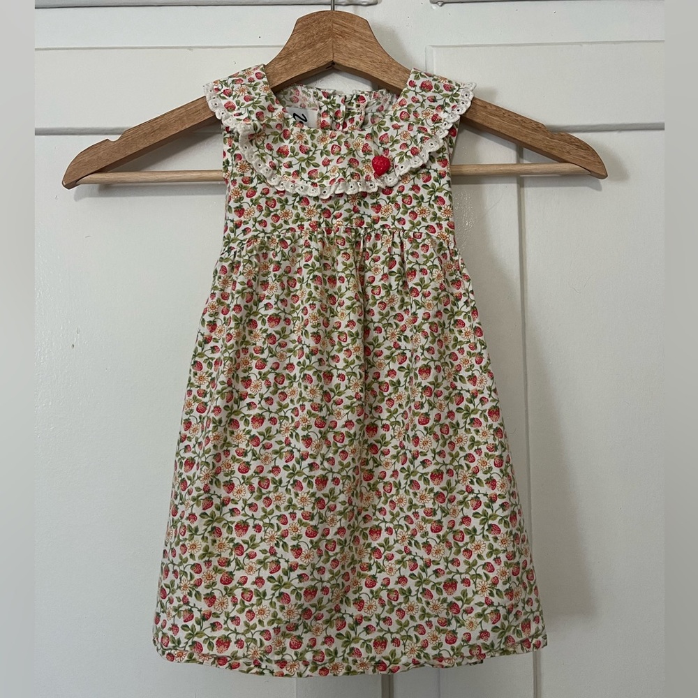 Vintage 2 Cute Strawberry Toddler Dress 18M Sleeveless, Lace-Trim Collar